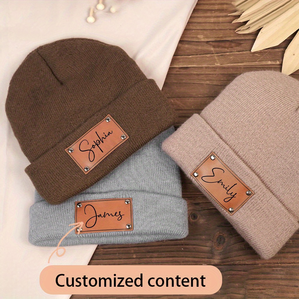 Beanie Cuffed Knit - Personalisierte Strickmütze mit Lederetikett, weiche, warme